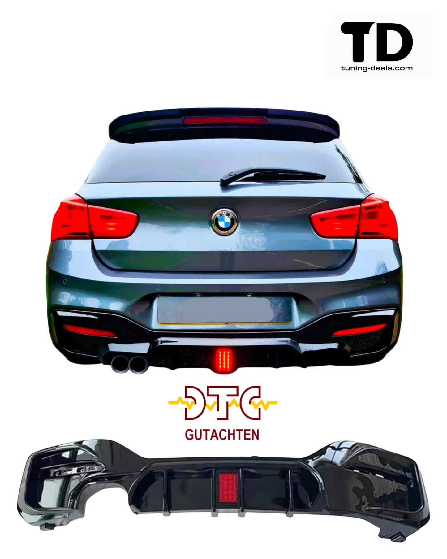 Heckdiffusor mit LED-Leuchte 2 Rohre links Schwarz Glanz BMW F20 F21 LCI Facelift 289 389 125i 120i 118d Heckdiffusor + DTC CH Gutachten