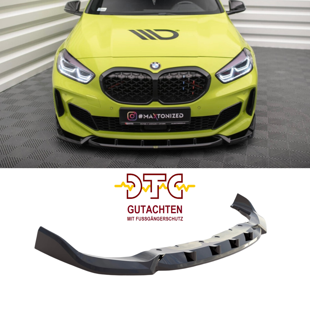 Frontspoiler V.7 Maxton Schwarz Glanz Gutachten Fußgängerschutz BMW 1er F40 M-Paket Frontlippe