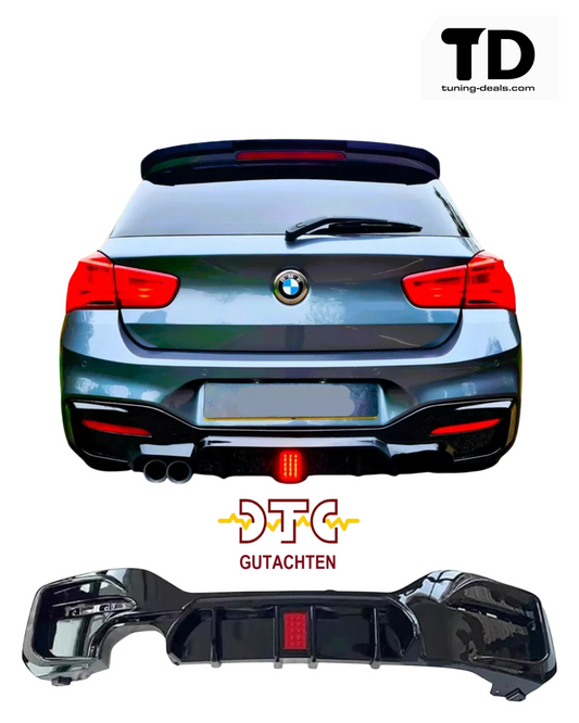 Heckdiffusor mit LED-Leuchte 2 Rohre links Schwarz Glanz BMW F20 F21 LCI Facelift 289 389 125i 120i 118d Heckdiffusor + DTC CH Gutachten